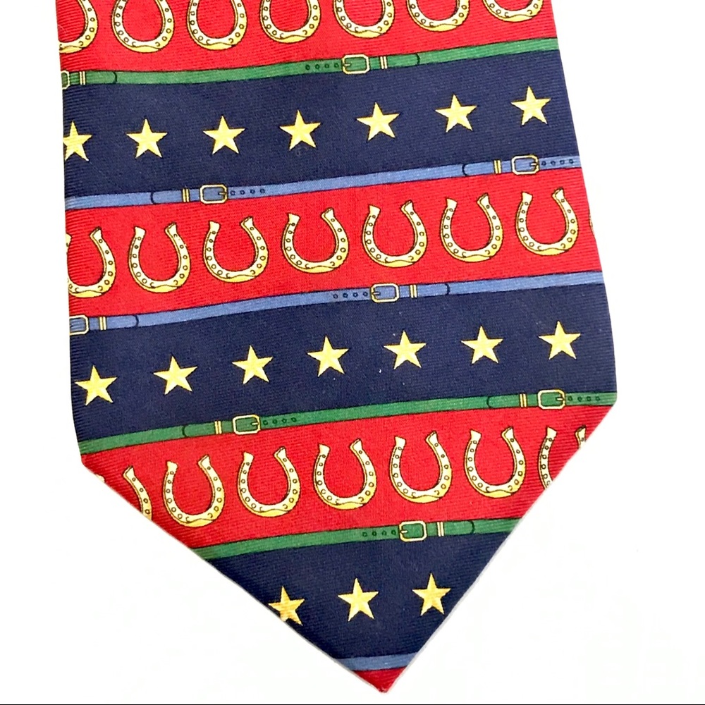 Silk Tie Horse Shoel Vintage 90s TOMMY HILFIGER Printed in Italy Red Navy Green